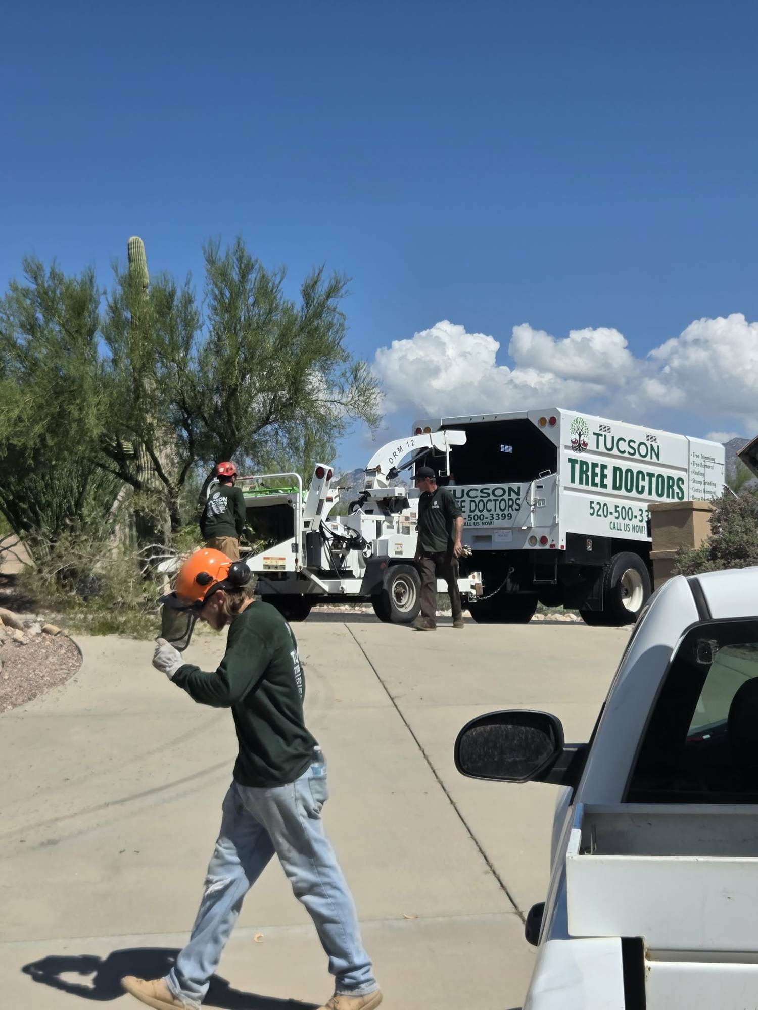Tucson Tree Doctors crew and chipper truck on a job site