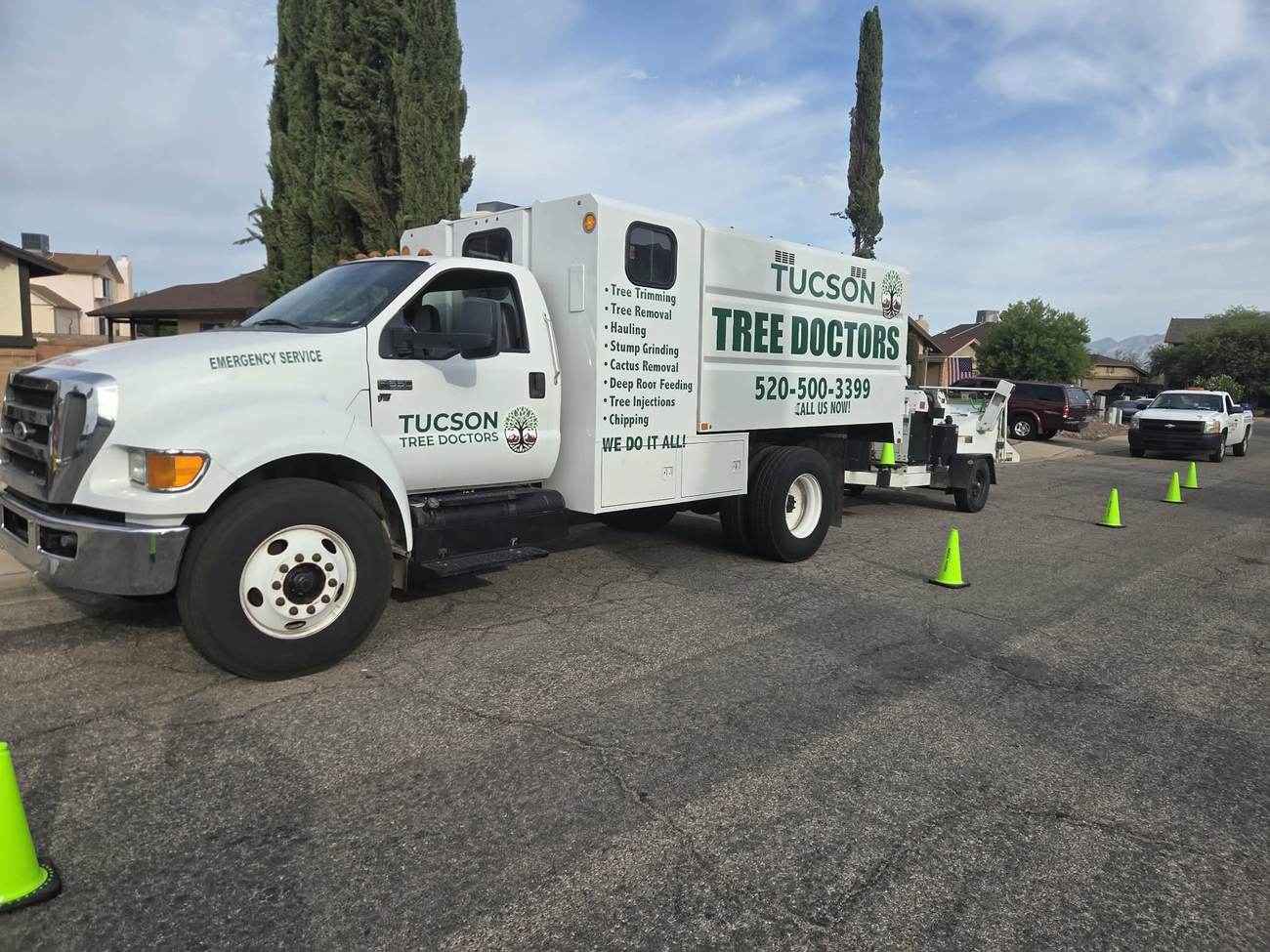 Tucson Tree Doctors service truck listing tree trimming, removal, hauling, stump grinding and cactus removal