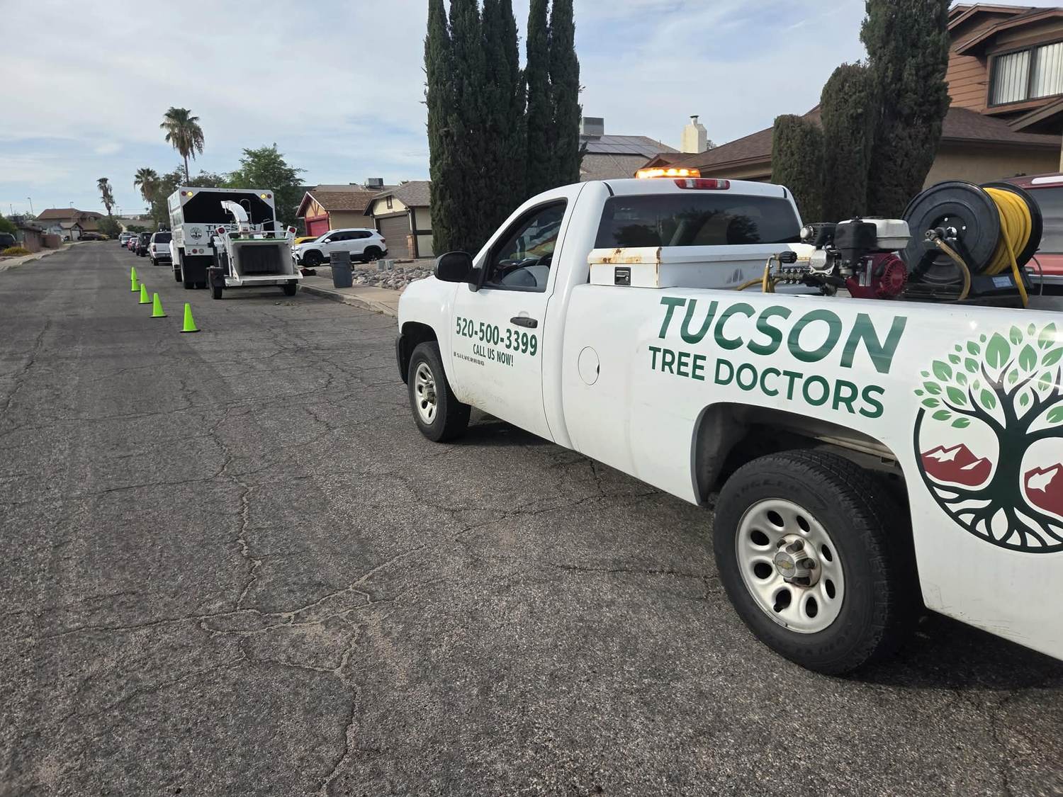 Tucson Tree Doctors truck servicing a residential Tucson neighborhood